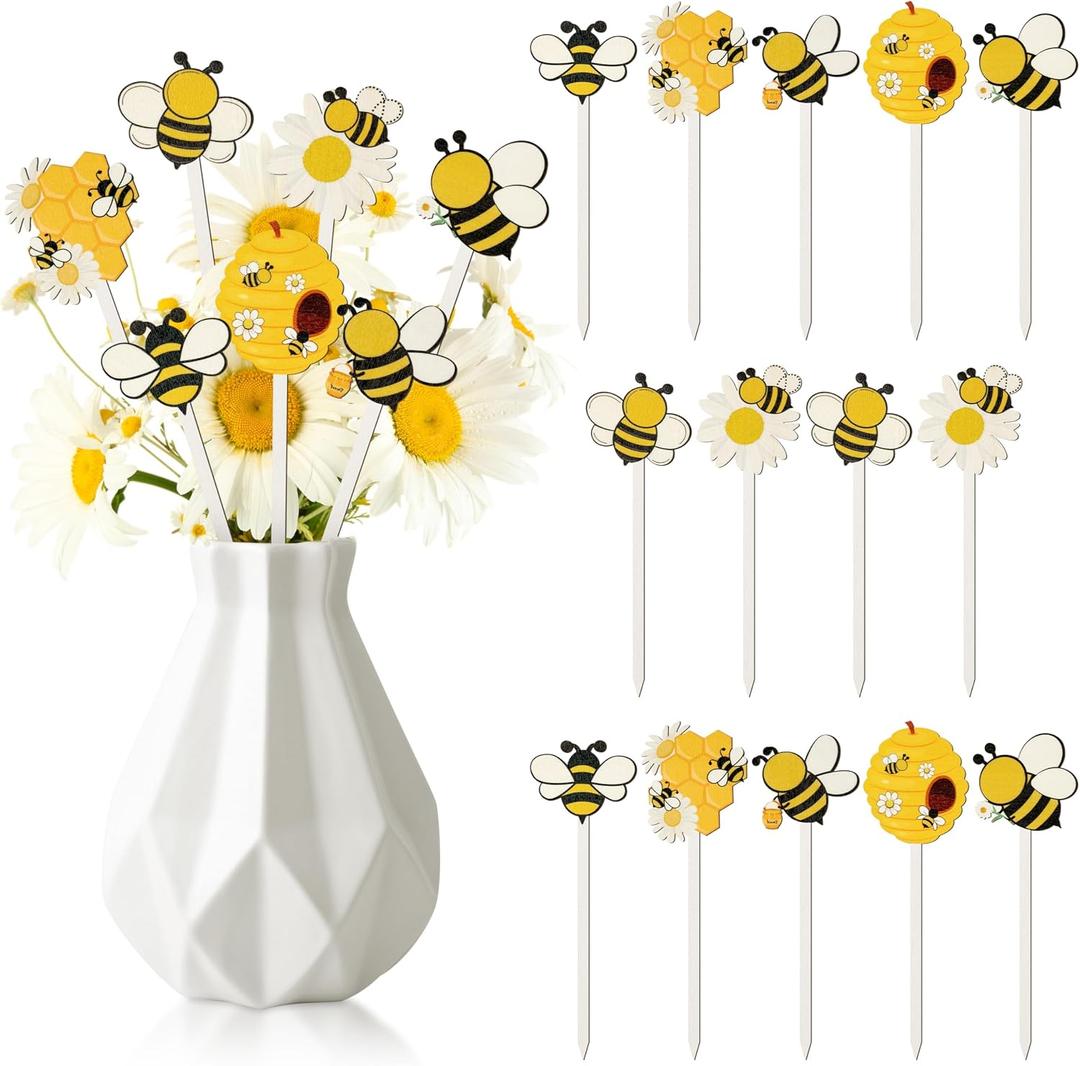 TICIAGA Bee Double-Sided Wooden Picks - 28PCS Cute Summer Honeybee Wooden Decorative Pick for Home Vase Filler Colorful Wood Bee Nectar Decorative Pick for Farmhouse Decor Summer Decorations for Table