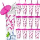 12 Pcs 24 oz Pink Disposable Pet Drinking Cups with Lid Pink Awareness Ribbon Disposable Straw for Christmas Dinner Anniversary Party Supplies Stuffers Gifts
