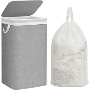 STORAGE MANIAC Metal Frame Laundry Hamper with Lid, 90L Tall Laundry Baskets with Removeable Bag, Large Clothes Hamper with PU Tag, Laundry Bin for Dorm, Collage, Bathroom, Bedroom, Gray