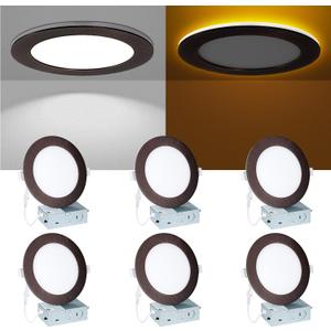 6 Inch LED Recessed Lighting - with Night Light, 2700K/3000K/4000K/5000K/6000K Dimmable Canless Recessed Light, 12W+3W, Wafer Downlight Soffit with Junction Box, 6inch 6P Oil-Rubbed Bronze