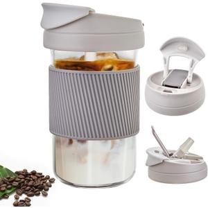 COMI Glass Travel Coffee Tumbler, Smoothie Cup Travel Dual-use Glass Coffee Cups with Lids Coffee Travel Cup with straw - 20 oz - Ash Grey