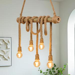 5-Light Farmhouse Chandelier Dining Room Light Fixture, Natural Bamboo & Hemp Rope Pendant Lights Kitchen Island, Boho Rustic Hanging Pendant Lighting for Bar Cafe Bedroom Living Room Decor