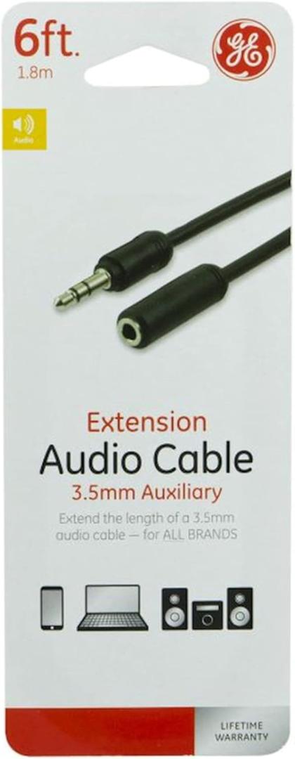 GE 6ft. 3.5mm Audio Cable Extension, Male-to-Female AUX Cord, Dual Shielded To Reduce Signal Loss, Great Aux Cable for Car, Smartphone, Tablet, Laptop, MP3 Player, Portable Speaker, Etc., Black, 33570