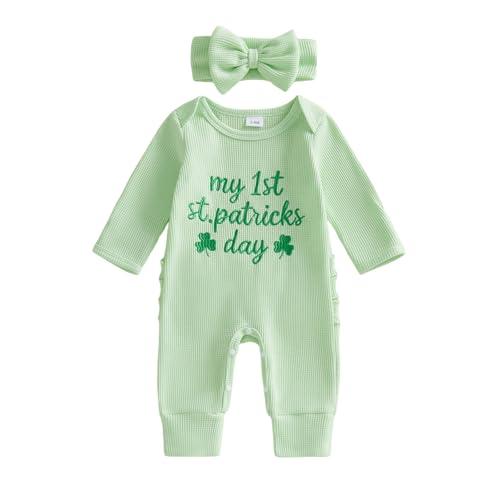 Adobabirl St Patricks Day Baby Girl Outfit Newborn My 1st St Patricks Day Clover Onesie Ruffle Romper Irish baby Clothes (First St Patricks-Green, Newborn 0-3 Month)