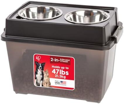IRIS USA Elevated Dog Bowls, 15"H Raised Bowl for Large Dogs, Airtight Pet Food Storage Holds Up To 47 Lbs, 2 Removable 64 oz Stainless Steel Bowls, At Home or Camping, Smoke/Black