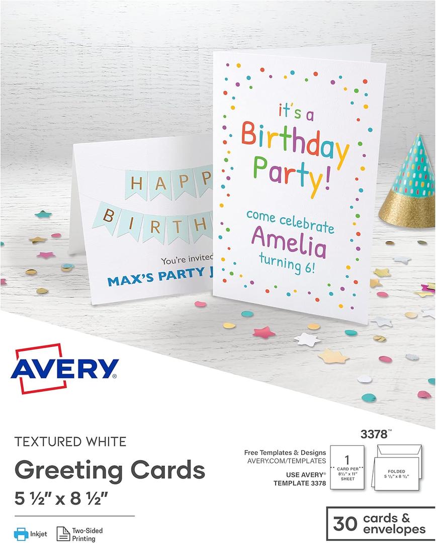 Avery Printable Greeting Cards, Half-Fold, 5.5" x 8.5", Textured White, 30 Blank Cards with Envelopes (3378)