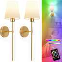 Battery Operated Wall Sconces Set of Two, Gold Wireless Wall Lights with 5200mAh Dimmable Bulbs and Remote, 12 Color Rechargeable Wall Sconce for Bedroom Living Room Hallway, 24 Inch