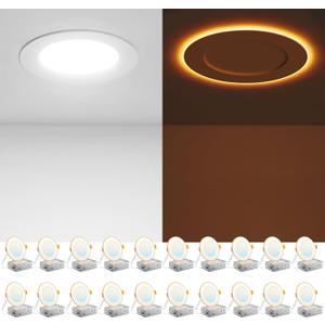 Amico 20 Pack 4 Inch 5CCT LED Recessed Ceiling Light with Night Light, 2700K/3000K/3500K/4000K/5000K Selectable Ultra-Thin Recessed Lighting, 10W=90W, 700LM, Dimmable Canless Wafer Downlight - ETL&FCC