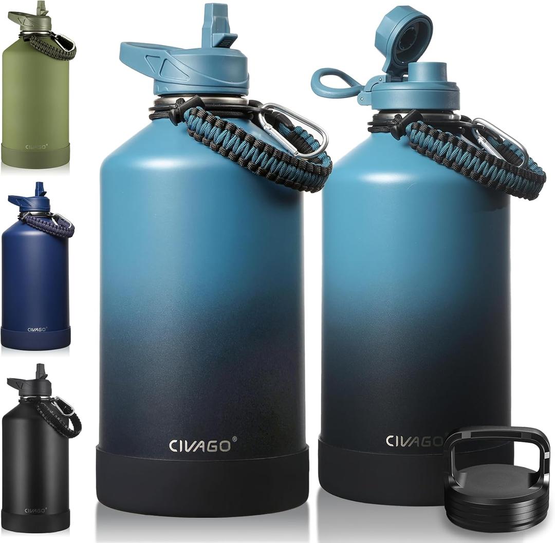 CIVAGO Gallon Insulated Water Bottle Jug with Straw, 128 oz Large Stainless Steel Water Flask, Big Metal Thermal Mug with 3 Lids for Sports, Travel, Gym, and Camping, Indigo Black