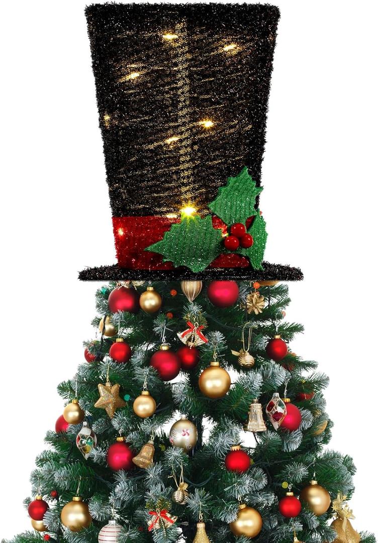 Christmas Tree Topper Hat with LED Light 8.5'' Black Tree Top Hat with Holly Decor for Xmas Holiday Christmas Santa Tree Topper Outdoor Decorations