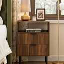 Night Stand,25.7" H Bedside Table with 2Drawers and Open Shelf,Farmhouse Nightstand,Side Table with Gold Frame for Bedroom,Living Room,Pale Walnut