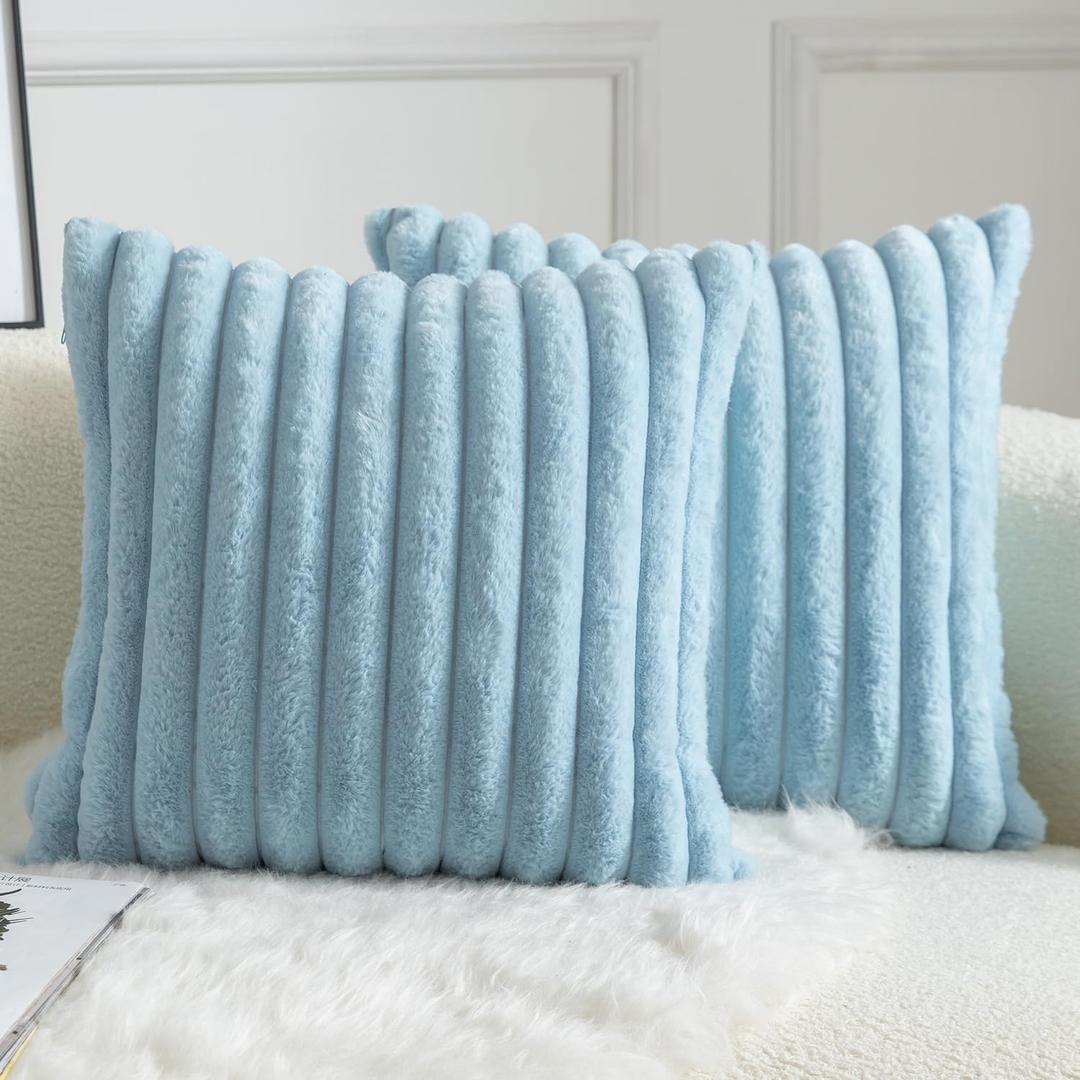 MANDIOO Pack of 2 Decorative Throw Pillow Covers Faux Fur Striped Plush Soft Cushion Covers Pillow Cases Bedroom Living Room Sofa Home 18x18 Inch Light Blue