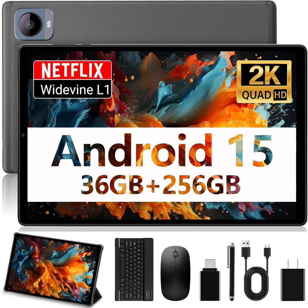 Tablet, Android 15 Tablet,10.4 Inch Tablets 2K Display 36GB RAM 256GB ROM /1TB TF T606 Octa-Core, 2 in 1 Android Tablette with Keyboard and Mouse, 8000mAh Battery Support 5G WiFi/BT5.0/GPS Gray