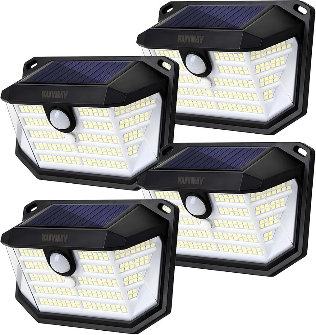 kuyimy Solar Outdoor Lights, 230 LED with Motion Sensor and 3 Modes, IP65 Waterproof, 270 Wide Angle Light, Easy-to-Install Intelligent Security Wireless Wall Lights for Porch, Garage, Yard(4 Pack)