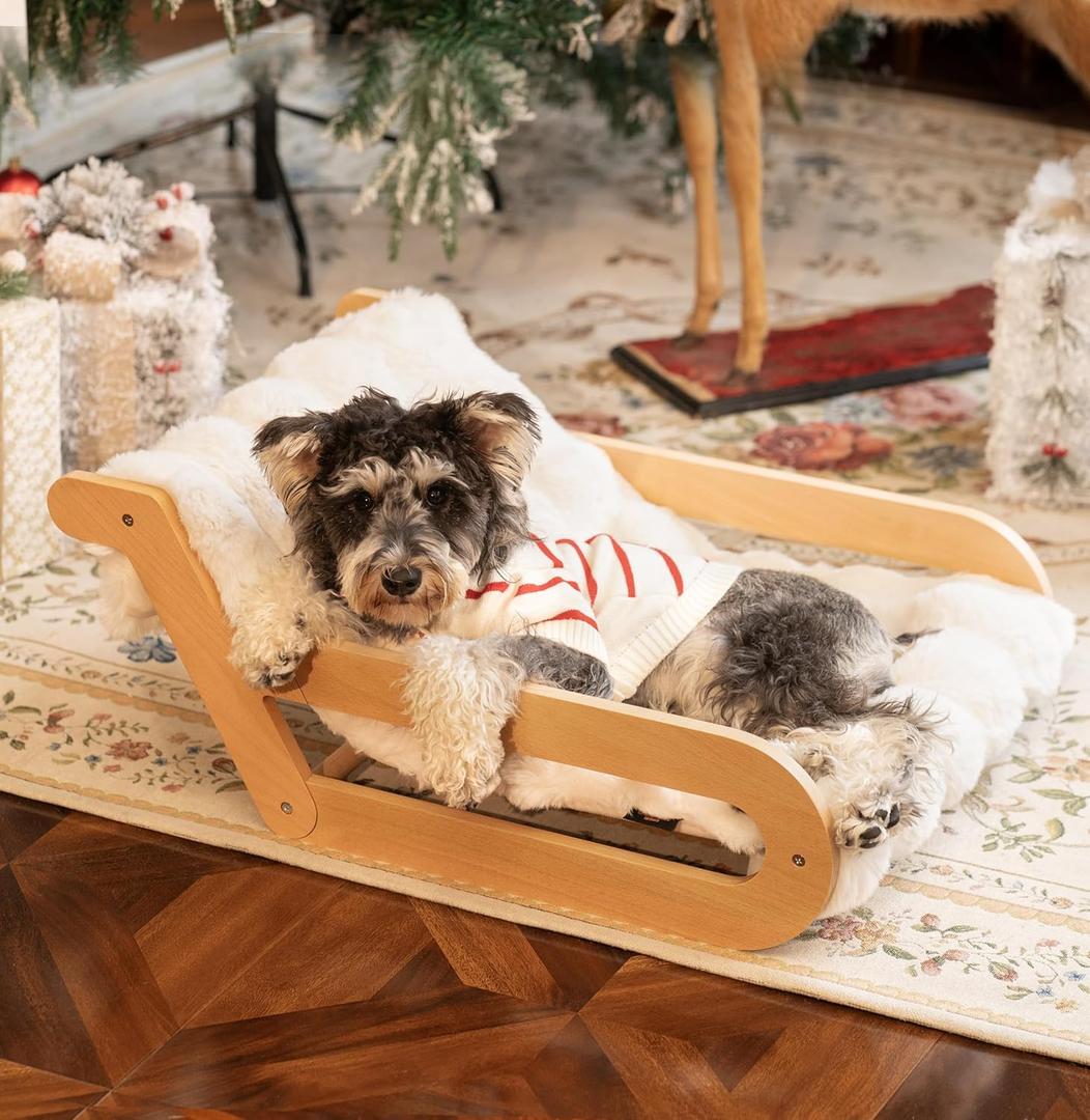 CHEERHOME PETS Elevated Cat Couch Bed for Indoor, Wooden Cats Sofa with Washable Fluffy Cover Raised Kitty Lounge Chair Suitable for Puppy(Cat Lounge Off-White)