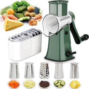 Manual Rotary Cheese Grater Grinder- 5 Interchangeable Blades Round Mandoline Vegetable Slicer Drum Shredder Nut Chopper with Strong Suction Base (Green)