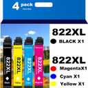 822XL Remanufactured for Epson 822 Ink Cartridges for 822XL T822 for Workforce Pro WF-3820 WF-3823 WF-4820 WF-4830 WF-4833 WF-4834 Printer 4 Pack 1 Black 1 Cyan 1 Magenta 1 Yellow