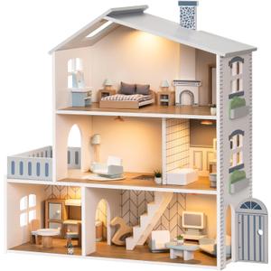 ROBUD Doll House, Wooden Dollhouse with 6 Rooms, 29-pcs Realistic Accessories, Dollhouse Playset for 4-6 Inch Dolls, Gifts for Kids & Toddlers, Nordic Style, Ages 3+, 24.5 X 10.6 X 26 Inches