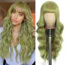 Matcha Green Wigs with Bangs Long curly wavy Wig for Women Natural Wig Wear and Go Synthetic Wigs for Daily Party Use 26IN
