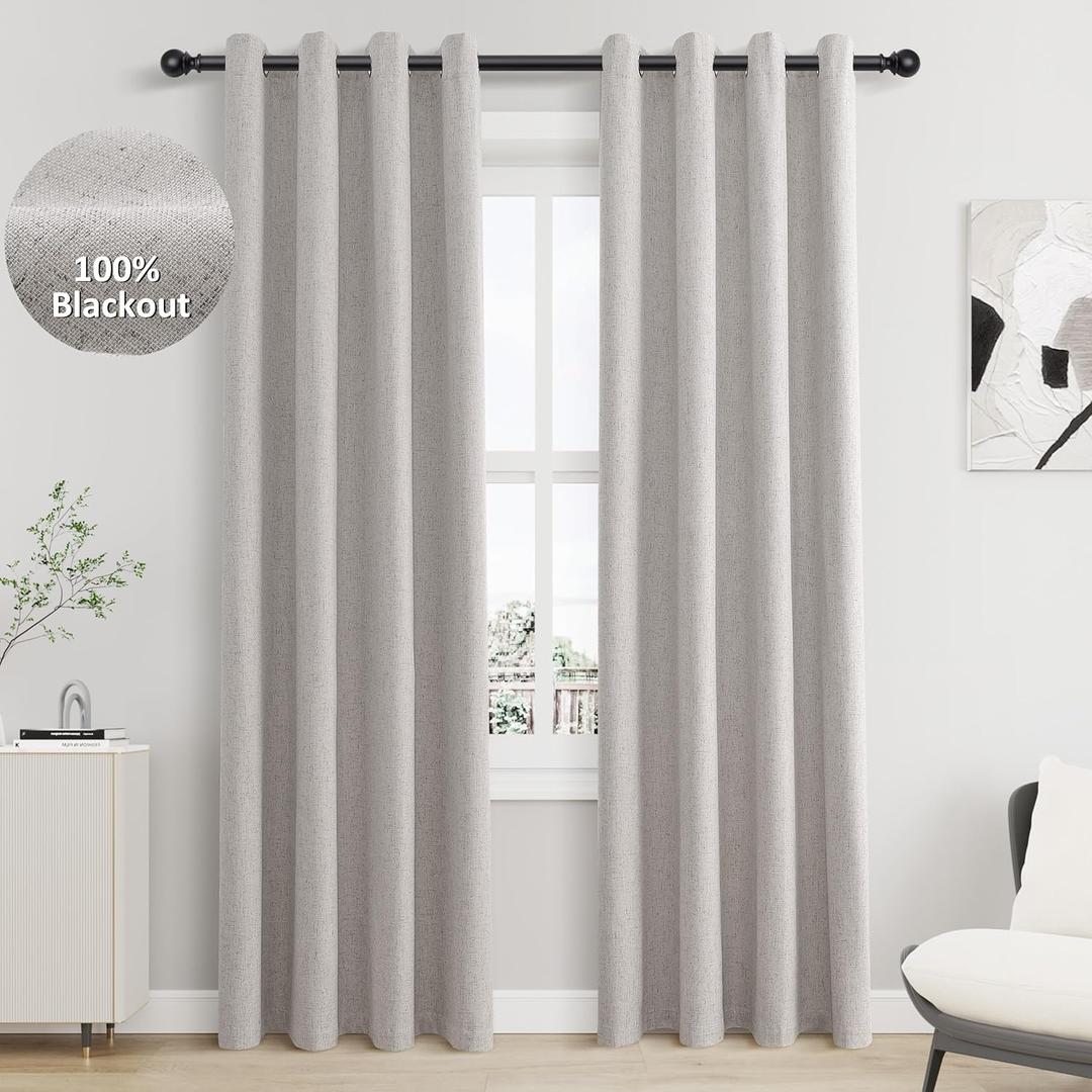 Jowels Silver Linen Blackout Curtains 84 Length 2 Panels Set for Living Room Bedroom, 100% Black Out Thermal Insulated Linen Drapes, Room Darkening Grommet Curtains 84 Inches Long