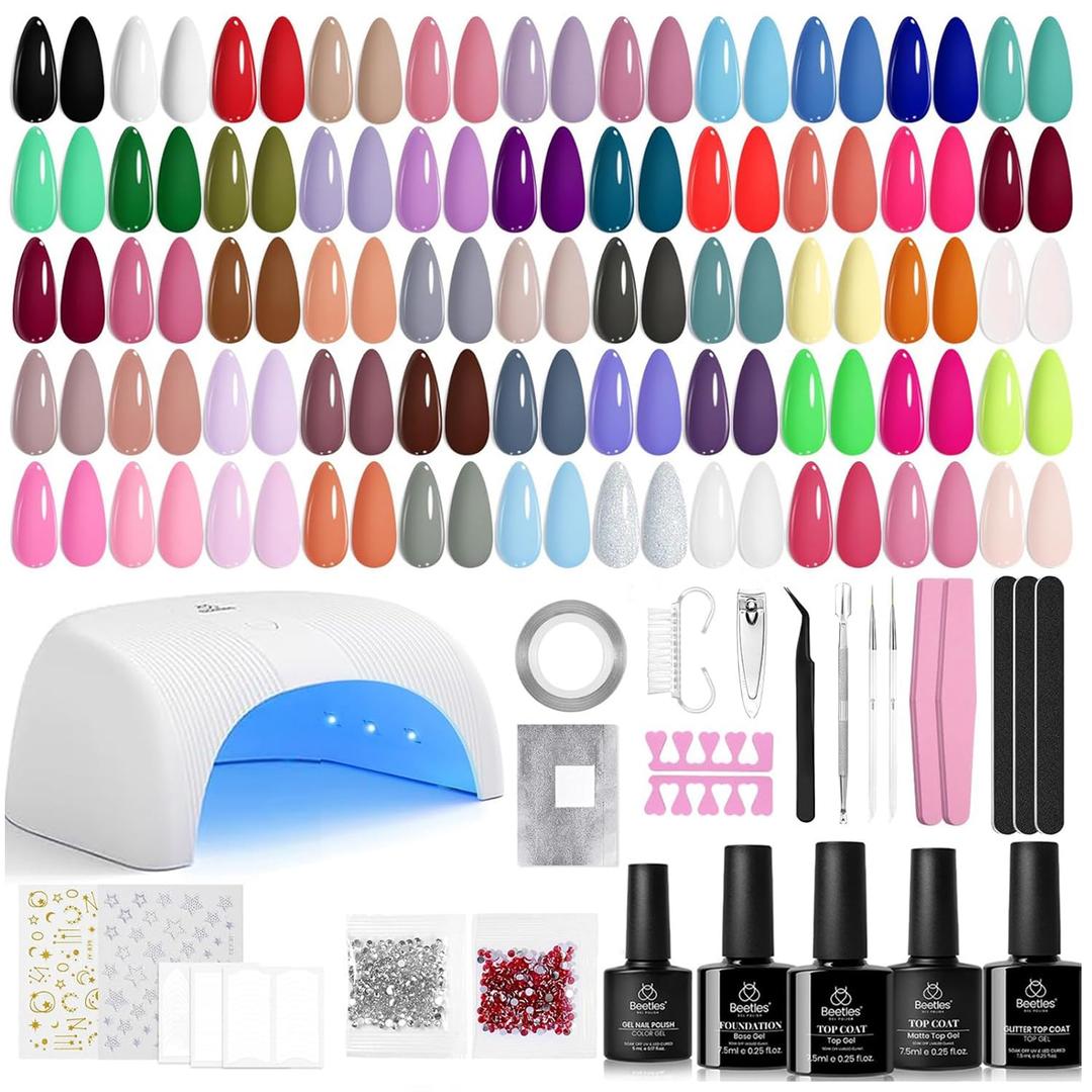 Beetles Gel Nail Polish Kit with U V Light - 80Pcs Color Enchantment 55 Colors Gel Polish Starter Kit with Base Top Coat DIY Nails Supply Stickers Manicure Tools Home Salon Gift for Women Teens Girls