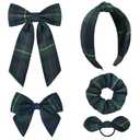 DEEKA 5 Styles Uniform Plaid Long Tail Hair Bows Knotted Headband Scrunchies Bow Set Alligator Clips Back to School Accessories for Toddler Little School Girls (Dark Green, Navy, Red&Yellow 5 Styles)