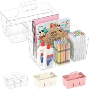 Lifewit 2 Pcs Plastic Caddy Organizer with Handle, Portable Art Supply Storage for Craft Supplies, Cosmetics, Holds Pencil, Crayon, Brushes, Hair Product, Dorm Shower Caddy, Clear, 25 x 15x 17cm