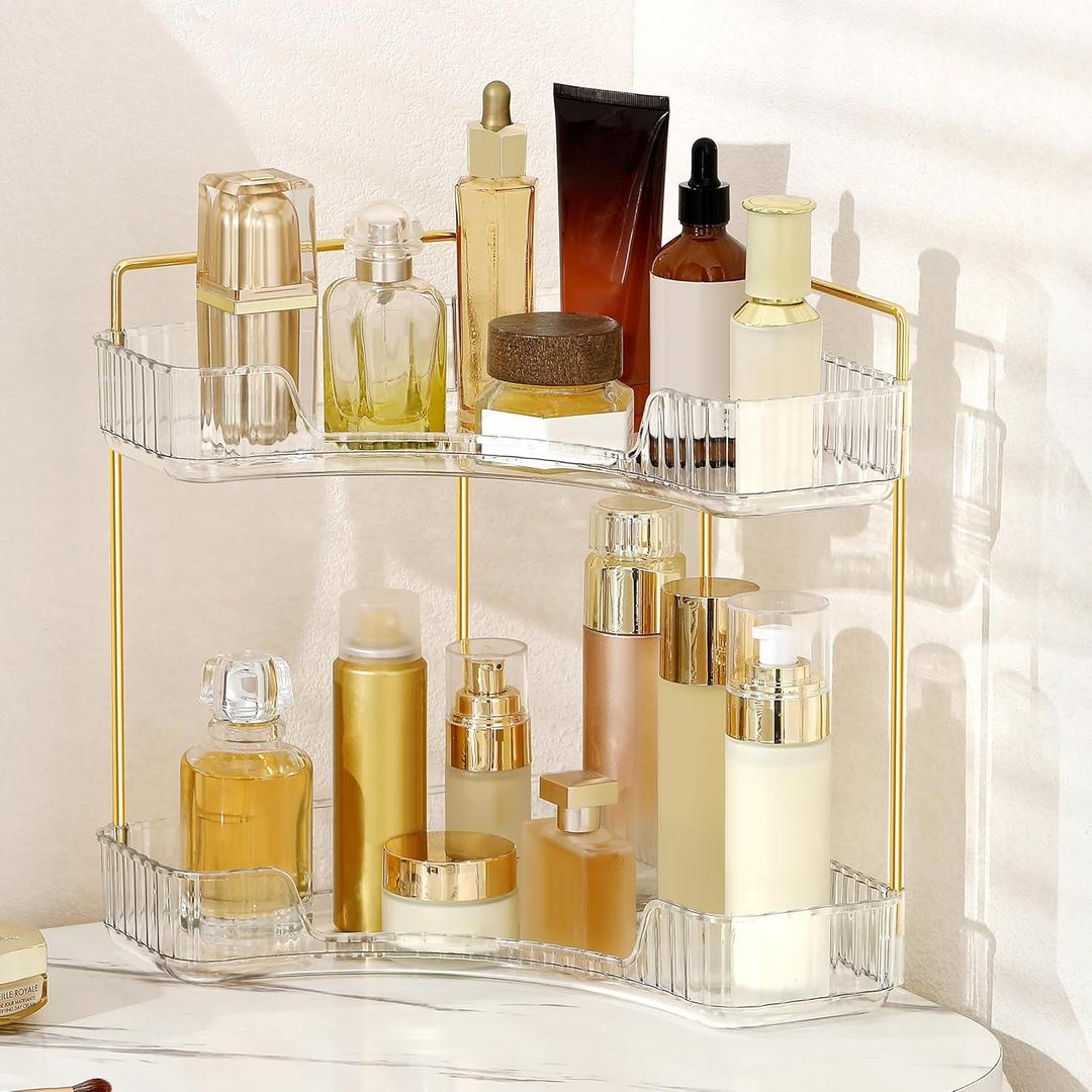Corner Bathroom Counter Organizer Bathroom Countertop Shelf Makeup Organizer for Vanity Perfume Tray for Corner Storage (2 Tiers, White)