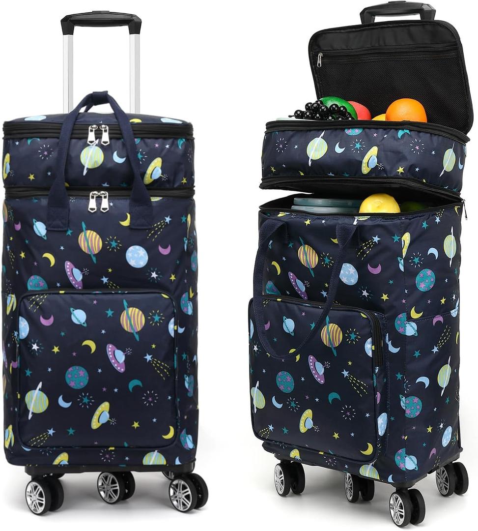 2 in 1 Shopping Cart with Wheels, Grocery, Portable Utility Dolly, Luggage Cart, Foldable Hand Truck with Built-in Removable Waterproof Bag for Shopping, Camping, Travel (Starry Sky)
