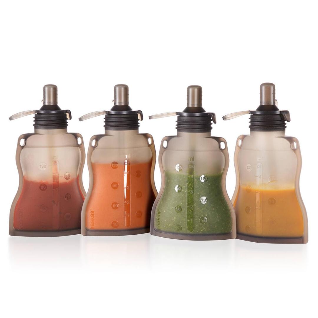 Haakaa Reusable Baby Food Pouches Refillable Baby Squeeze Silicone Yummy Pouch, Soft Reusable Squeeze Storage Food Pouch for Kids Toddler,Home Made Food Puree,Smoothie Pouch Bag, 4oz, 4 Pack,6m+ (Grey)