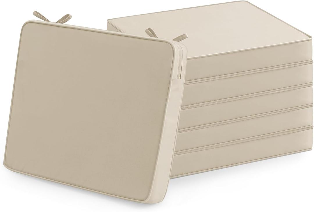 Outdoor Chair Cushions Set of 6: Waterproof & Fade Resistant Seat Cushion for Patio Furniture - 19 x 19 x 2 Inch Chair Pads with Ties and Hidden Zipper - Patio Chair Cushion Replacement, Beige