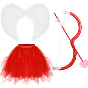 Haysandy 4 Pieces Valentines Cupid Costume Women Cupid Accessory Set, Valentine Cosplay Bow and Arrow Tutu Skirt Wings Adult (Red)
