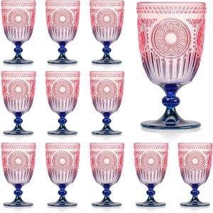 XUWAIDSGN 12Pcs Plastic Vintage Wine Glasses 13.5oz Reusable Embossed Goblet Glasses Pink Blue Gradient Retro Wine Glassware Unbreakable Stemmed Champagne Water Cups for Wine Cocktail Juice Wedding