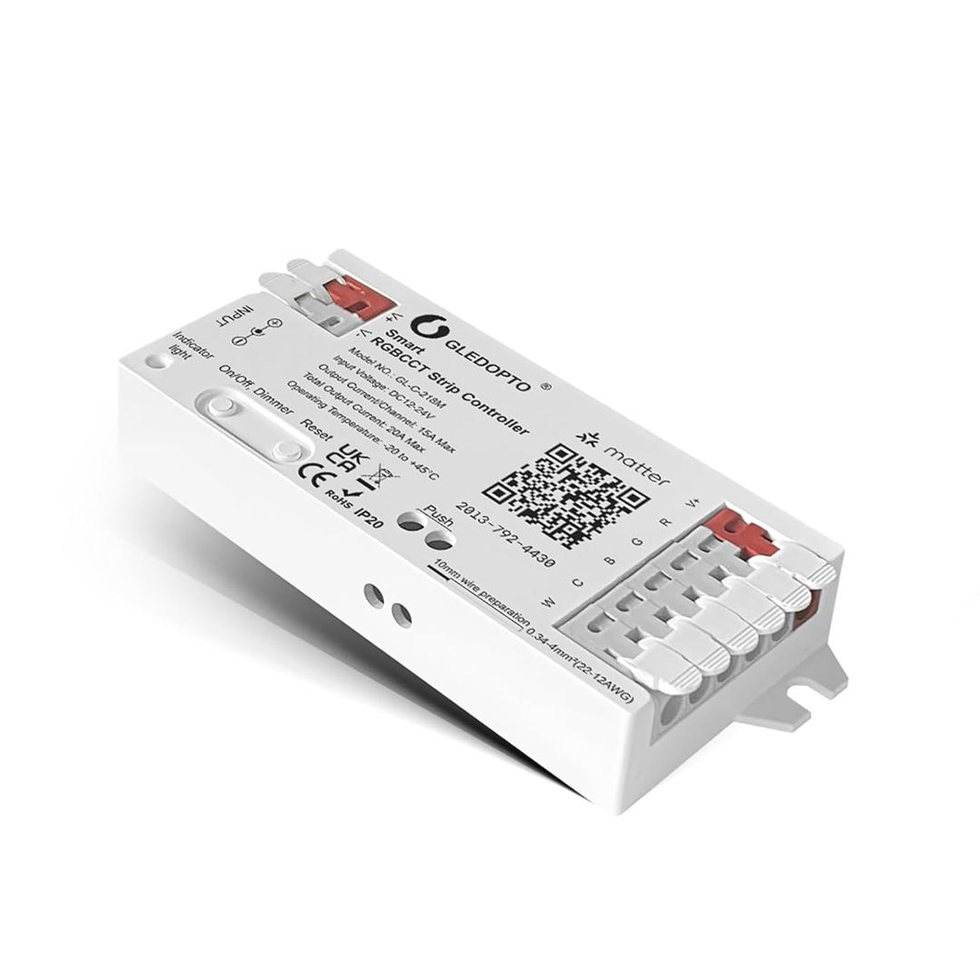 Matter RGBCCT LED Controller 20A Current Max for PWM Analog LED Strip Light APP Voice Control RGBW RGB Dimmable Work with Homekit Google Amazon Echo Alexa (Matter Hub Required)