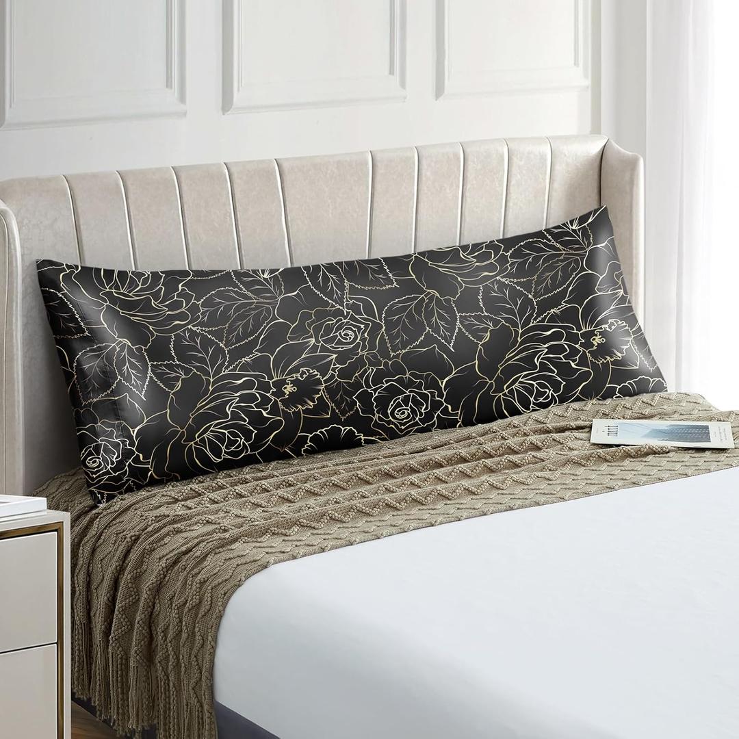 EXQ Home Satin Body Pillowcase for Hair and Skin- Rose on Black Silk Long Pillowcase 20x54 inches - Satin Pillow Cases with Envelope Closure, Gifts for Women