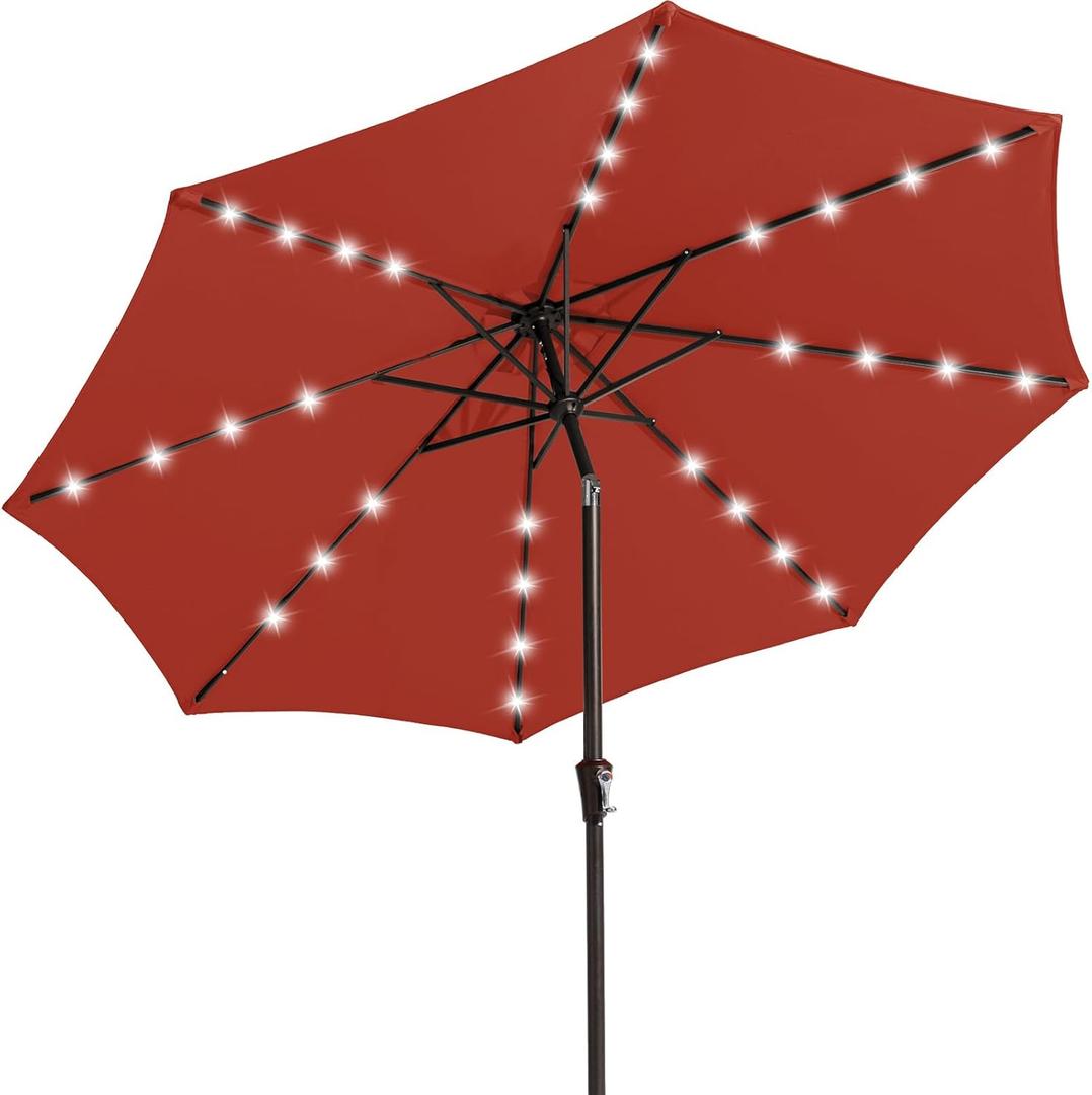 JEAREY 9FT Outdoor Patio Umbrella with Solar Lights, LED Lighted Pool Umbrella with Tilt and Crank, Outdoor Table Umbrellas for Deck, Yard & Market (Burgandy)