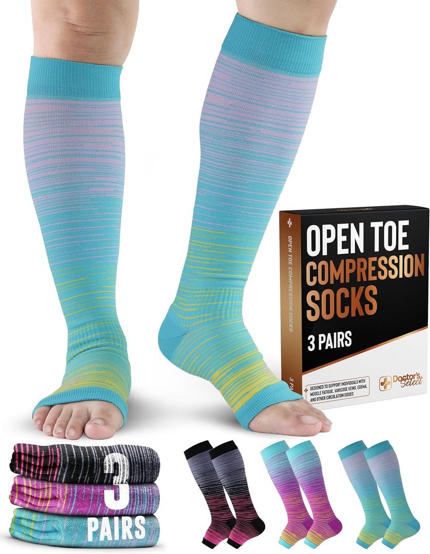 Doctor's Select 3 Pairs Copper Toeless Compression Socks for Men - 20-30 mmHg Open Toe Compression Socks Women, Compression Socks No Toes, Knee High, Line Patterns, Size: Large-X-Large