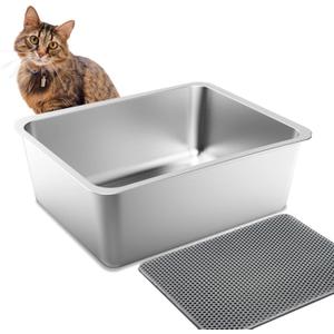 UWANGPET Stainless Steel Cat Litter Box,Odour Proof Litter Pan, Non-Stick, Easy to Clean, Rust Resistant, Non-Slip Rubber Feet