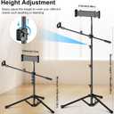 Mic Stand, 6-in-1 Microphone Stand with Floor Boom, Support Boom, Gooseneck, Mic Clips, Tablet Phone Holder, Black, Metal, Portable, Adjustable