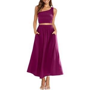 ANRABESS Women's 2 Pieces Outfits One Shoulder Smocked Crop Top & High Waist Long Skirt Dress Set with Pockets