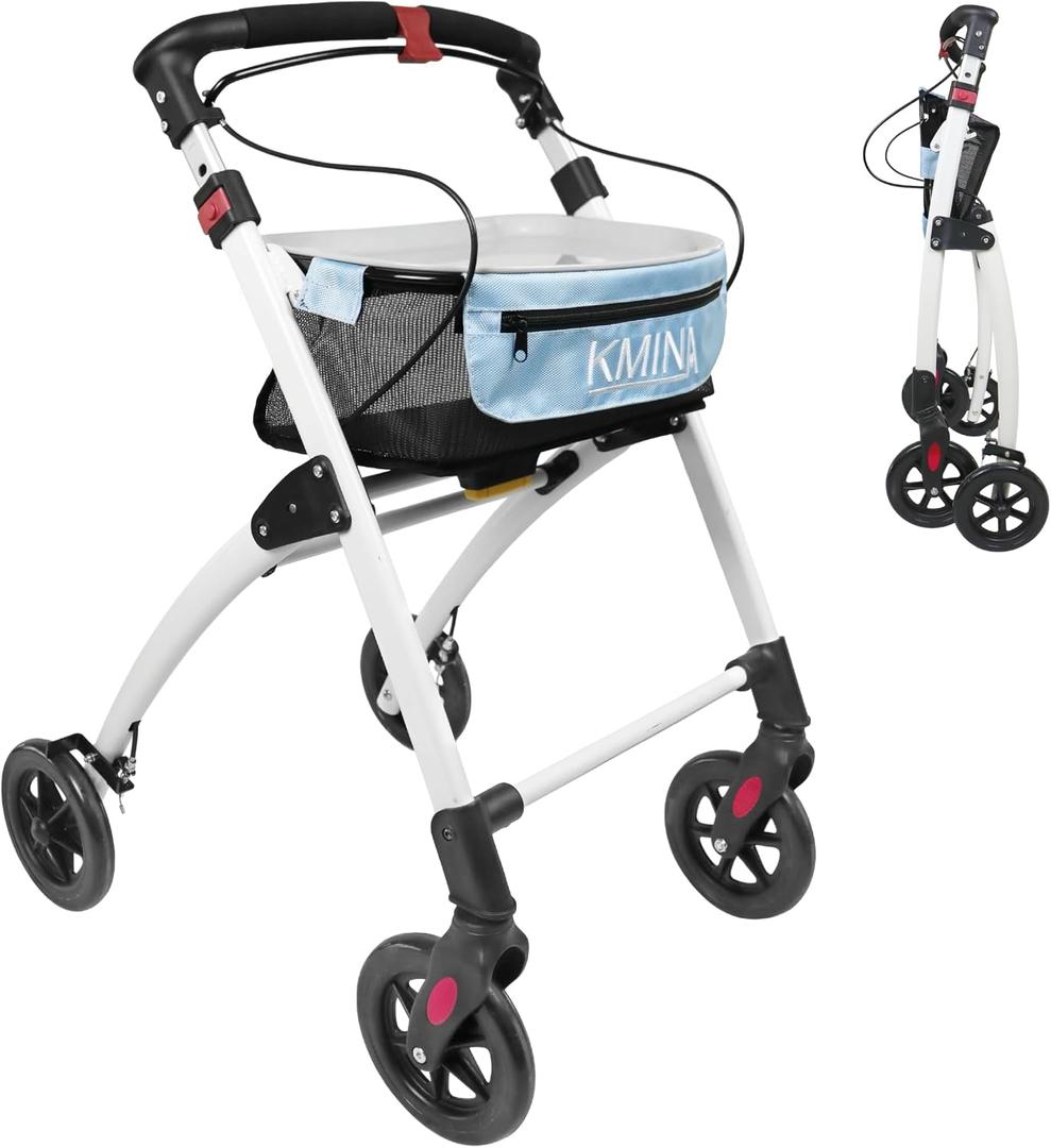 KMINA Narrow Walker for Small Spaces, Foldable Walker with Tray and Basket, 4 Wheels and Brakes, Lightweight Indoor Rollator for Seniors, Blue, PRO Model