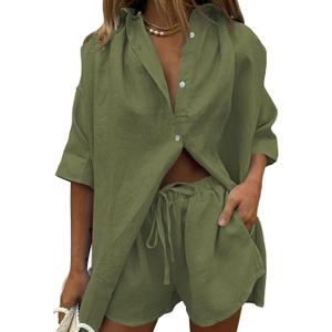 Meenew Women's 2 Piece Outfits Button Down Short Sleeve Shirts and Shorts Set Summer Sweatsuits Loungewear Set (X-Large, Army Green)