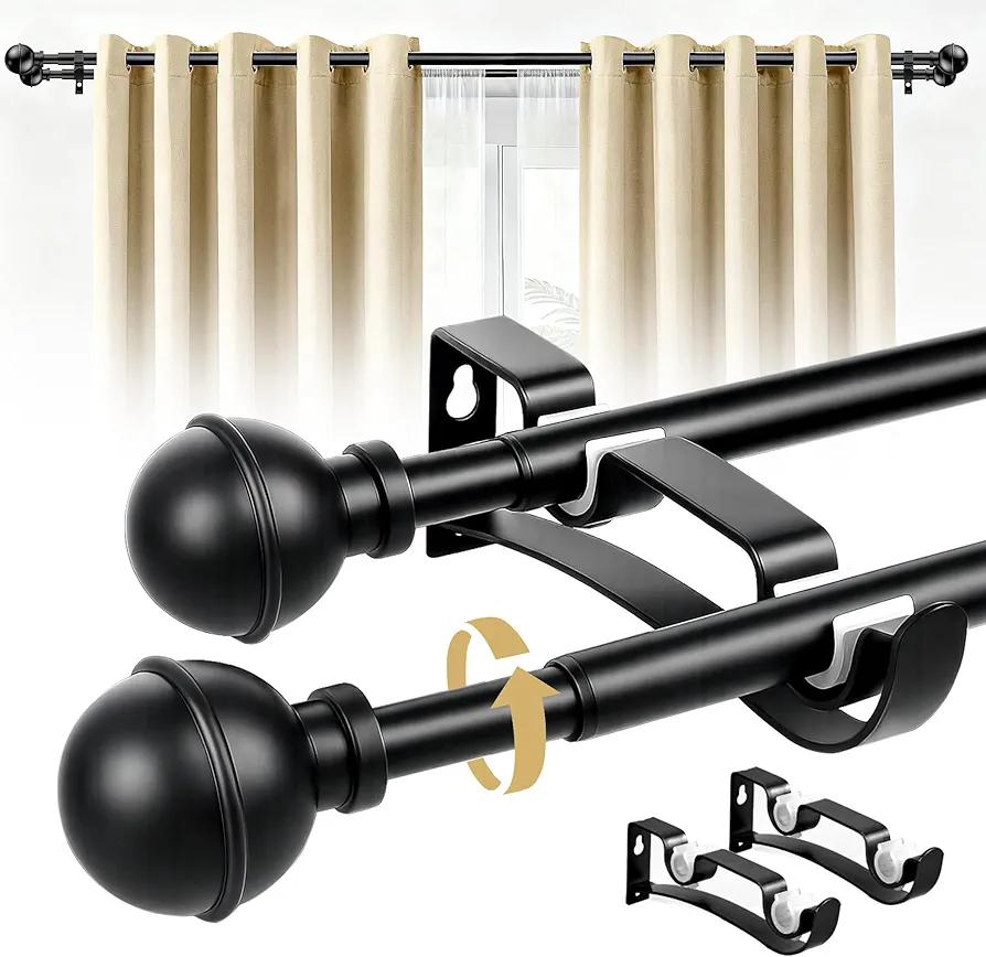 Adjustable Double Curtain Rods for Windows Set 30 to 57 Inch, Black Curtains Rod with 2PCS Brackets, Small Extra Long 5/8" Diameter Blackout for Bedroom, Living Room