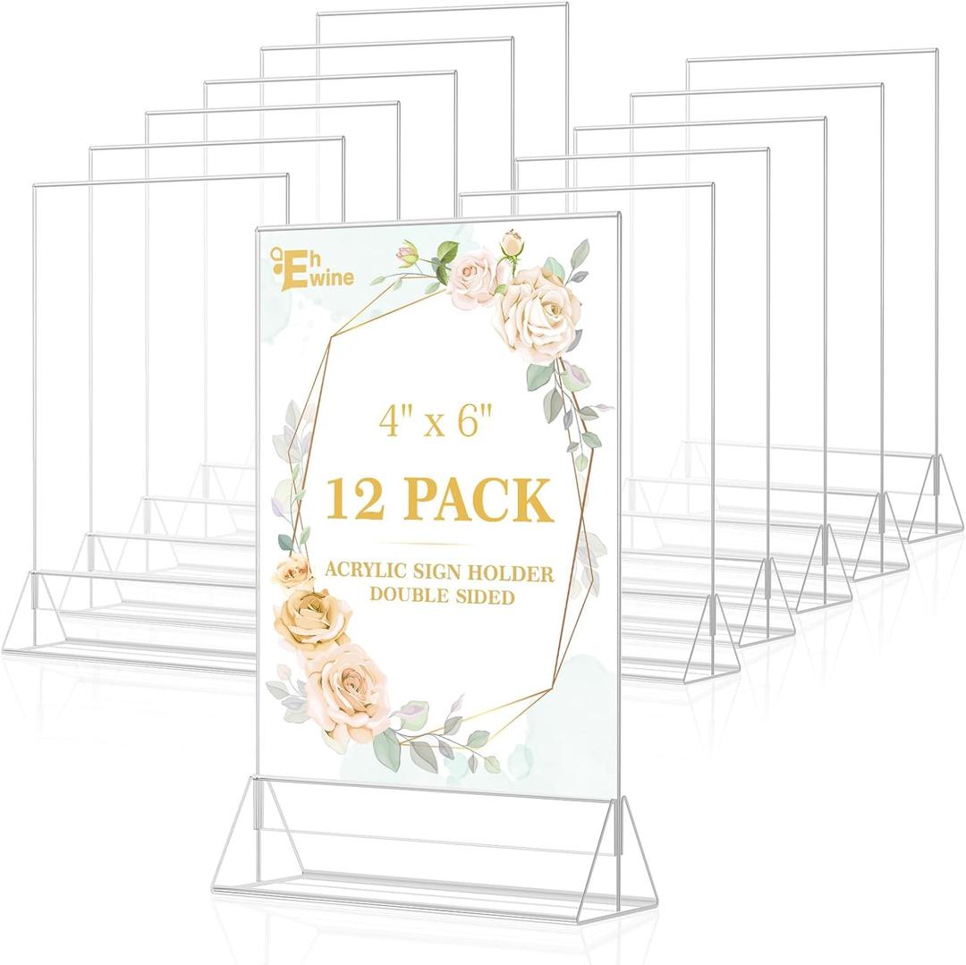 EHWINE 12 Pack Acrylic Sign Holder 4 x 6, Double Sided Clear Picture Frame Stand up Table Top Sign Holders, Clear Display Stand Menu Flyer Holder for Wedding Party(Provide Non-slip Mats)