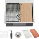 Kitchen Sink Workstation, 25x22 Inch Stainless Steel Drop In Kitchen Sink Modern Single Bowl Kitchen Sink Accessory Combo-SS Grid,Drying Rack,Cutting Board,Soap Dispenser, Drain Strainer Set