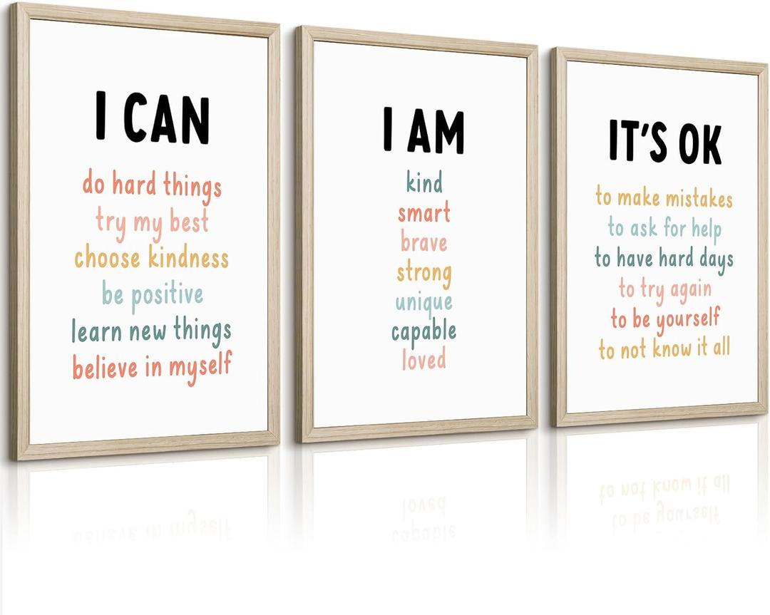 Kids Affirmation Wall Art Positive Canvas Wall Decor Inspirational Quotes Wall Art Motivational Words Pictures Daily Affirmations Poster Nursery Prints for Playroom Children Room 16x24x3 Inch Framed