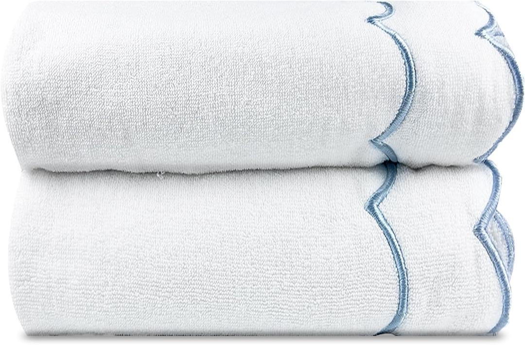 2 Pcs 100% Cotton Bath Towels for Bathroom27 * 54 Inch Scalloped Bath Towels Embroidered Decorative 500 GSM Soft Absorbent Bath Towel for Bathroom Hotel Spa Sport Yoga (Blue) (Blue)