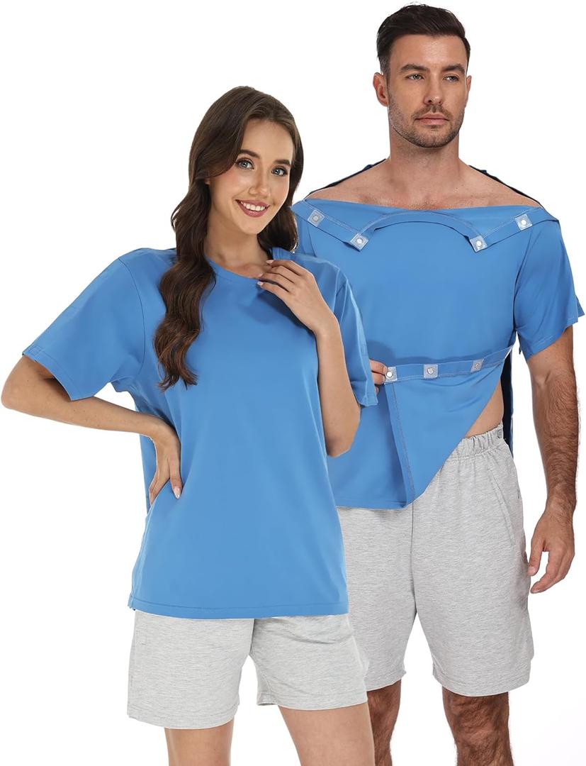 Magnetic Post Surgery Shirt for Men Women Tear Away Clothing Easy One-Handed Dressing Shoulder Surgery IV Access Dialysis