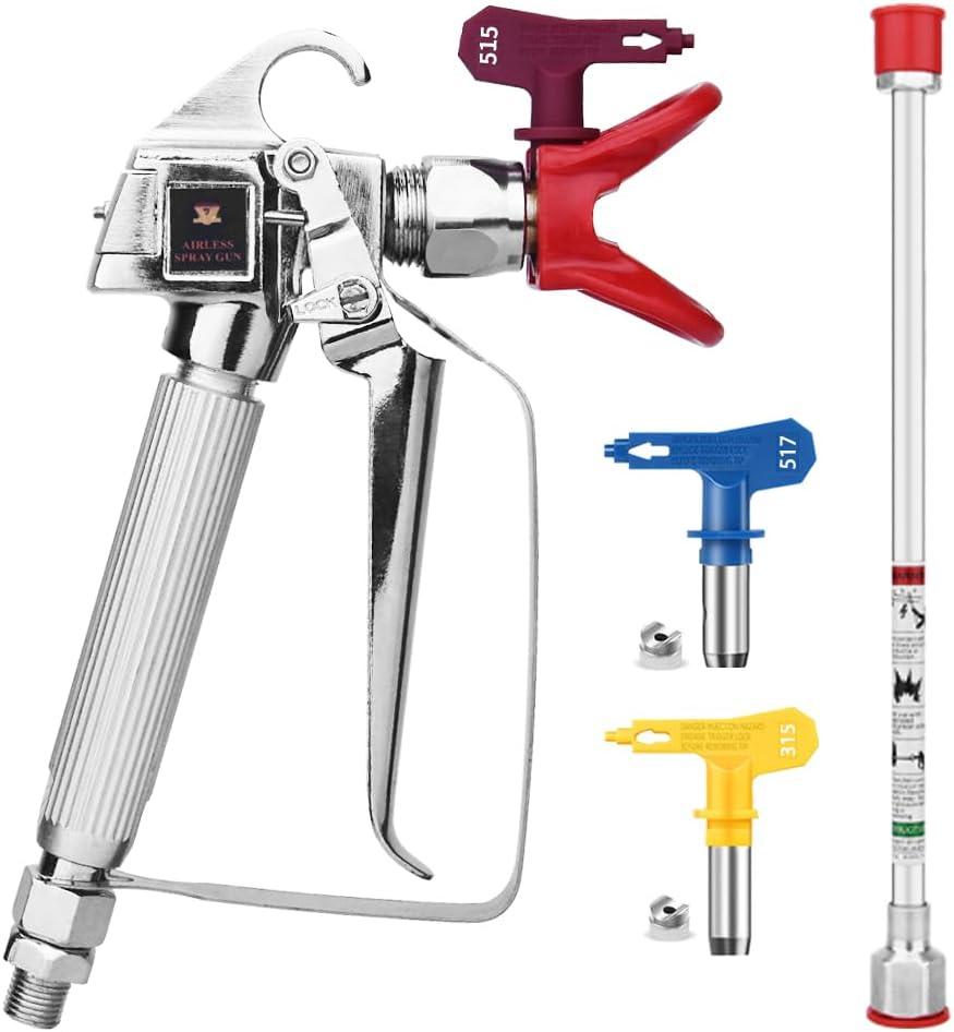 3600PIS Airless Spray Gun High Pressure with 517 Tip, 315Tip, 515Tip and Tip Guard,Spray Gun fit More Paint Sprayers+12 inch Extension Rod