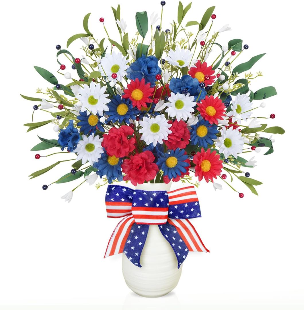 4 Bundles Artificial Red White and Blue Flowers with Patriotic Bows in Vase for Tables Centerpieces Decor 4th of July Independence Day Floral Arrangement Memorial Day Decorations